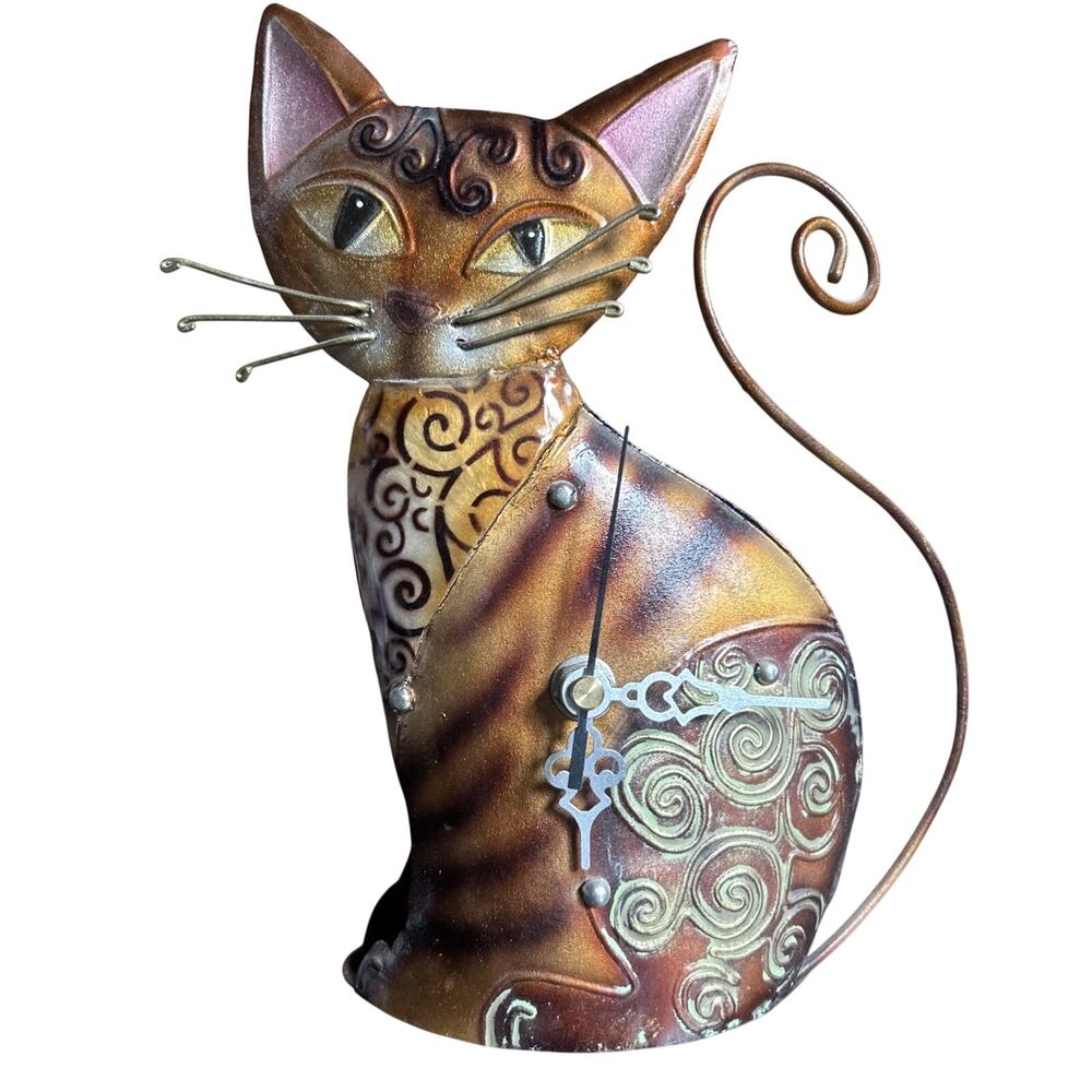 Beautiful Tin Cat Clock Works! Battery Operated Brown Gold